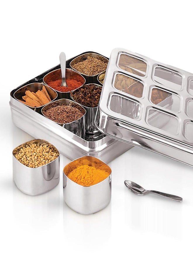 VISAXMI Square Masala Box for kitchen Steel | Masala Dabba for Kitchen Storage | 9 in 1 Masala box steel | Spice Container with see through lid | Masala Dani | Square Spice Box (Silver) - Image 1